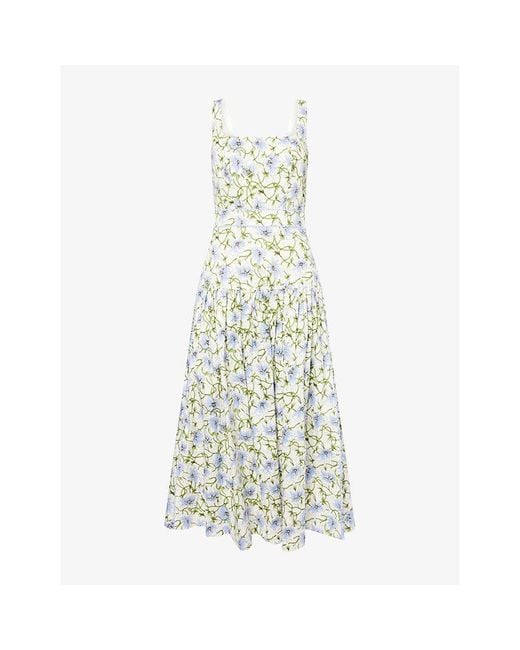cotton twisting poppy print maxi dress ME+EM Twisting Poppy Print Square-Neck Cotton Maxi Dress in White