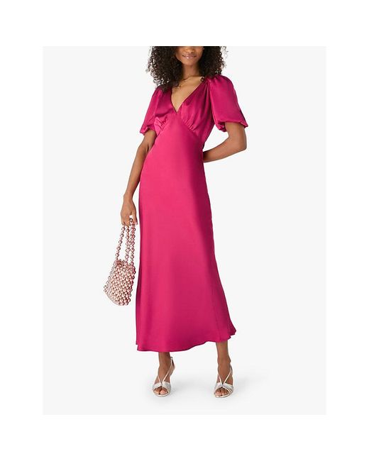 OMNES Pink Rosie Puff-Sleeve Satin Maxi Dress