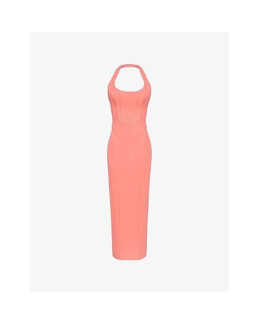 House Of Cb Pink Lusilla Halterneck Stretch-Mesh Midi Dress Xs (A-C Cup)