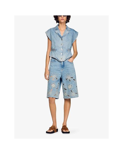 Sandro Blue Sleeveless Fitted-Waist Denim Top