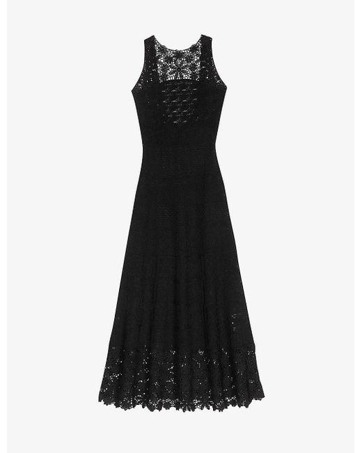 Maje Black High-neck Crochet-trim Woven Midi Dress