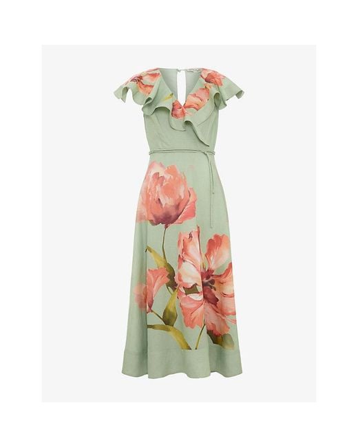 Phase Eight Green Matilda Floral-Print Linen-Blend Midi Dress