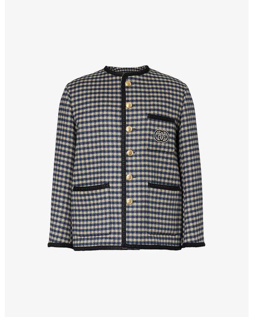 Gucci Gray Brand-embroidered Checked-pattern Wool-blend Jacket for men