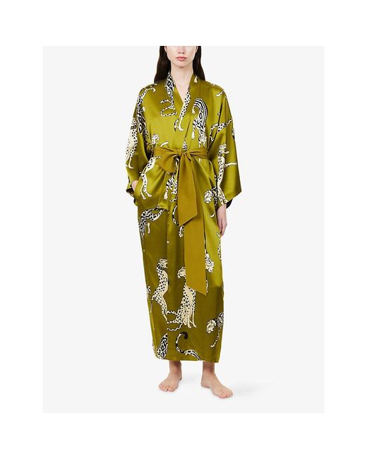 Olivia Von Halle Yellow Queenie Leopard Silk Robe