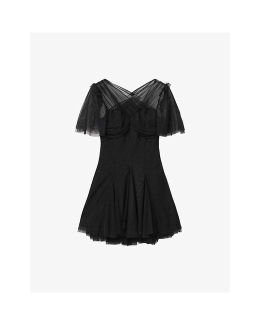 AllSaints Black Madi Flutter-Sleeved Woven Mini Dress