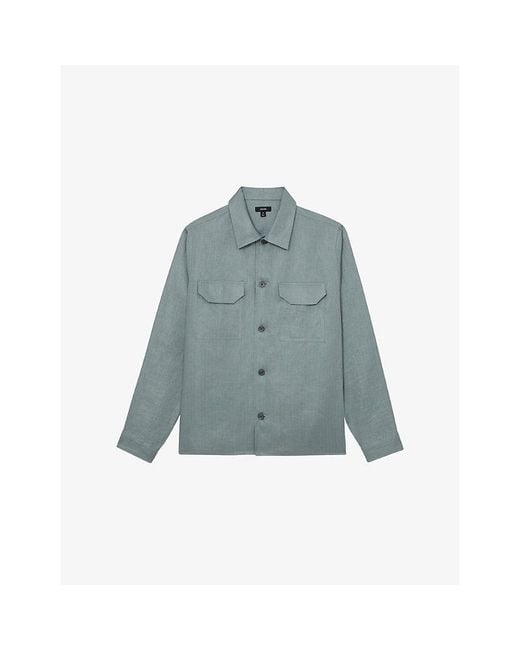 Reiss Blue Polasio Herringbone Linen Overshirt for men