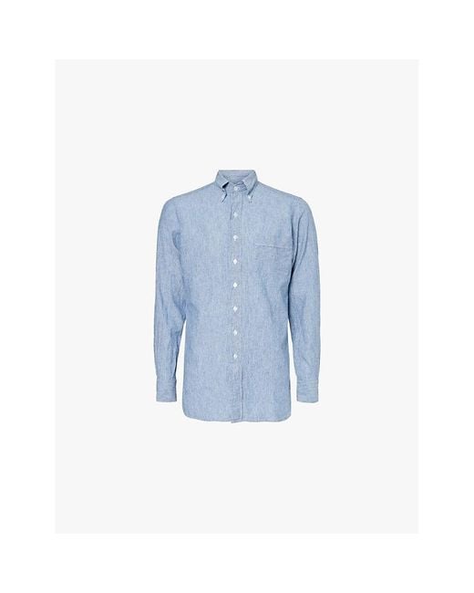 Drake's Blue Striped Denim Button-Down Regular-Fit Linen And Cotton-Blend Shirt for men