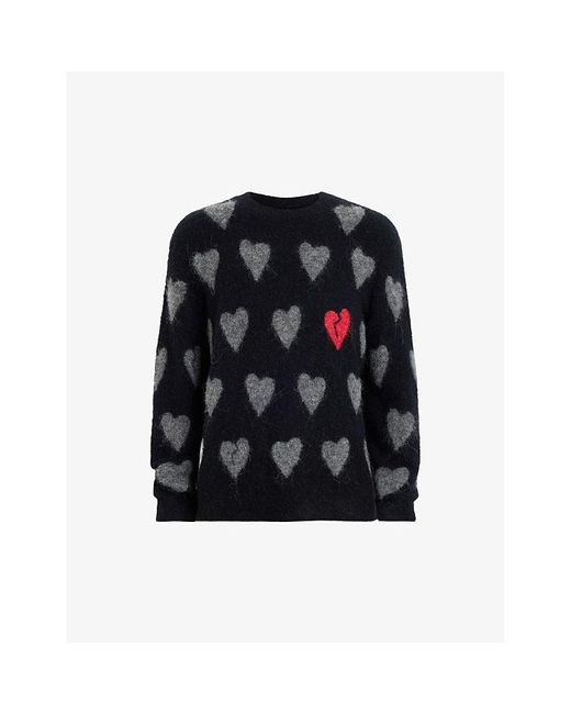 AllSaints Black Amore Heart-motif Wool-blend Jumper for men