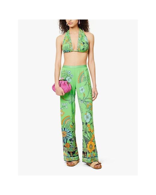 Camilla Green Floral-Pattern Wide-Leg High-Rise Stretch-Jersey Trousers