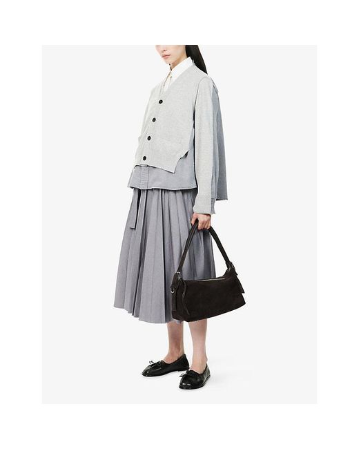 Sacai Gray Pleated Contrast-Denim Cotton Midi Skirt