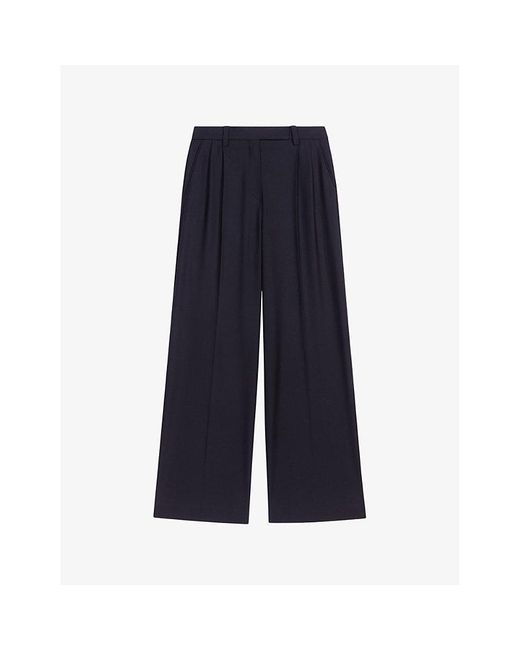 Maje Blue Pressed-Creases Pleated Wide-Leg Mid-Rise Stretch-Woven Trousers