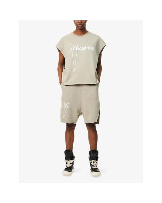 Rick Owens Natural X Champion Beveled Logo-Embroidery Cotton-Jersey Shorts