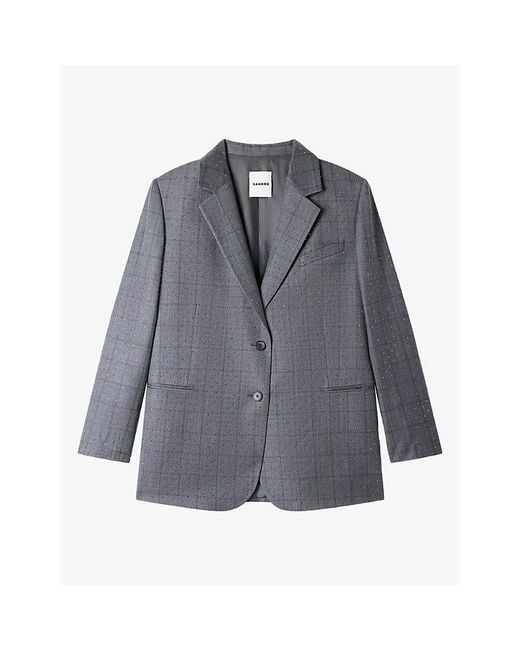 Sandro Gray Rhinestone Check Wool Jacket