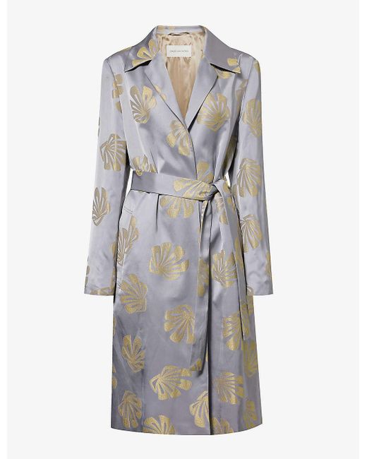 Dries Van Noten Gray Embroidered-pattern Notched-lapel Belted Woven Coat