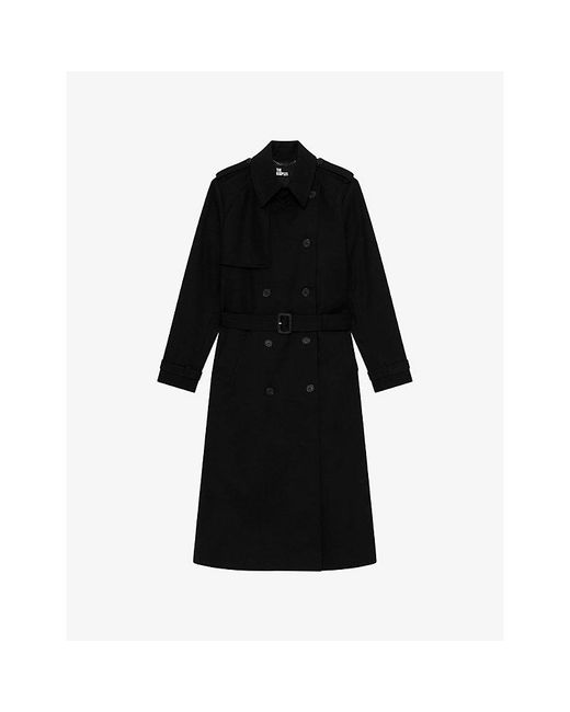 The Kooples Black Padded-Shoulder Double-Breasted Cotton Trench Coat