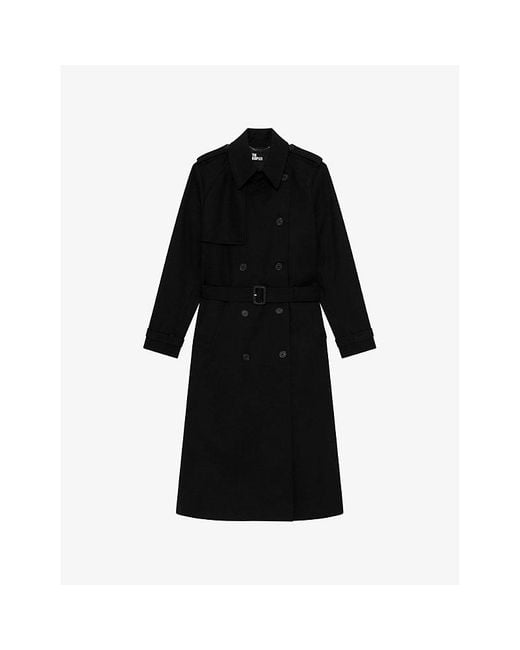 The Kooples Black Padded-Shoulder Double-Breasted Cotton Trench Coat