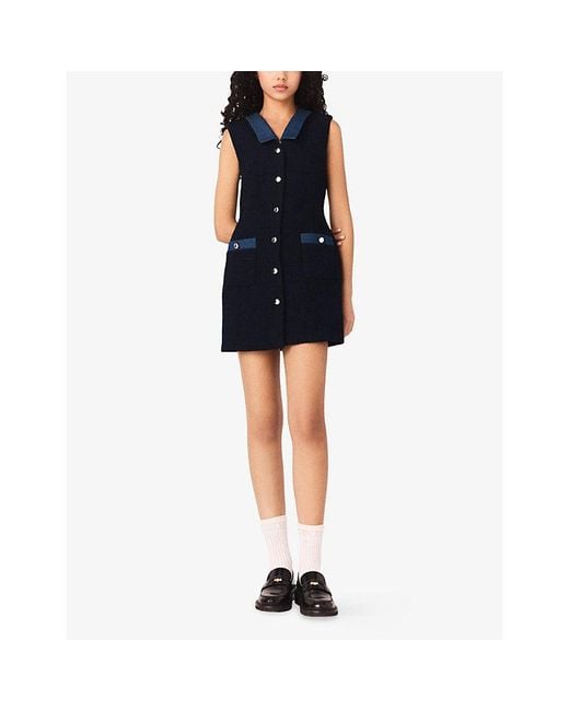 Maje Blue Denim-Trim Sleeveless Tweed Mini Dress