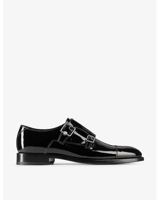 Jimmy Choo Black Finnion Double-strap Patent-leather Monk Shoes