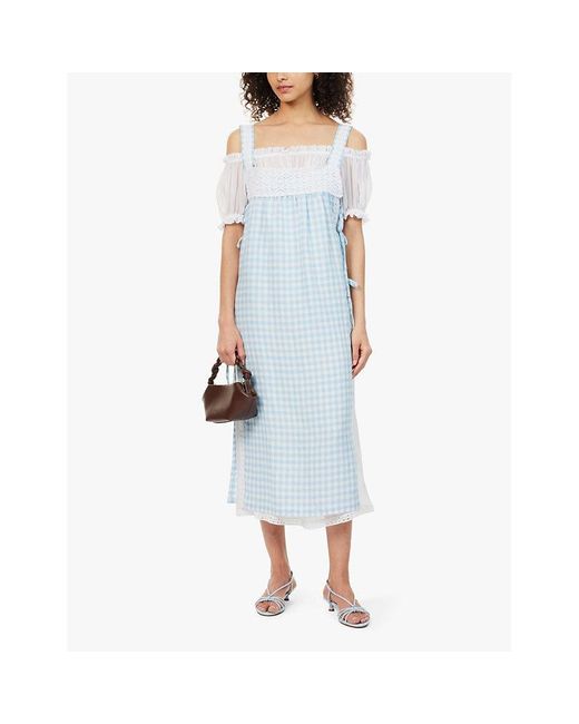 Sleeper Blue Vichy Greta Gingham-Pattern Linen Midi Dress