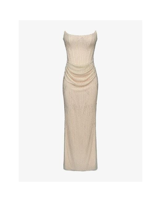 House Of Cb Natural Arielle Bead-Embellished Mesh Bridal Gown