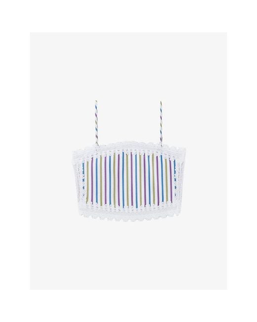Claudie Pierlot White Striped Lace-Trim Cropped Cotton Top