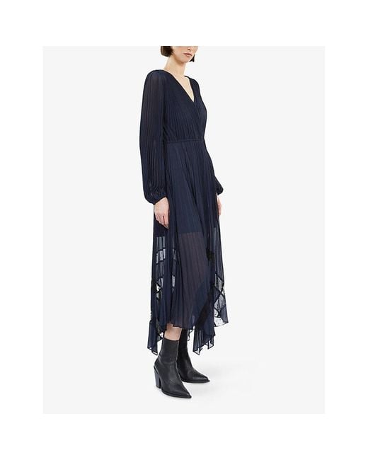 The Kooples Blue V-Neck Asymmetric-Hem Woven Midi Dress