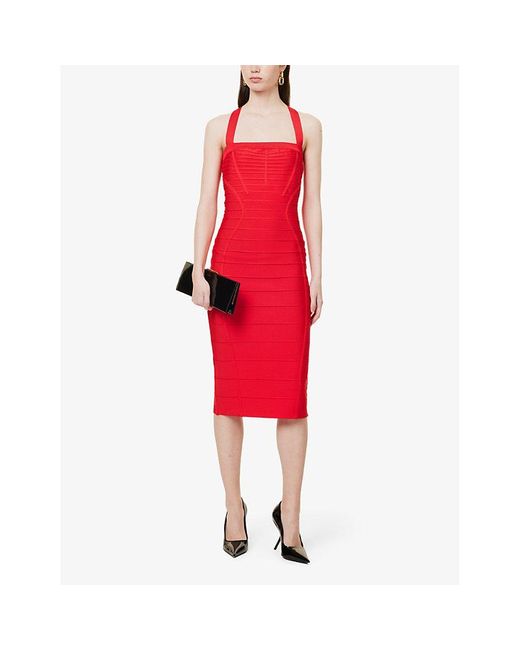 Hervé Léger Red Bandage Panelled Fitted Stretch-knit Midi Dres