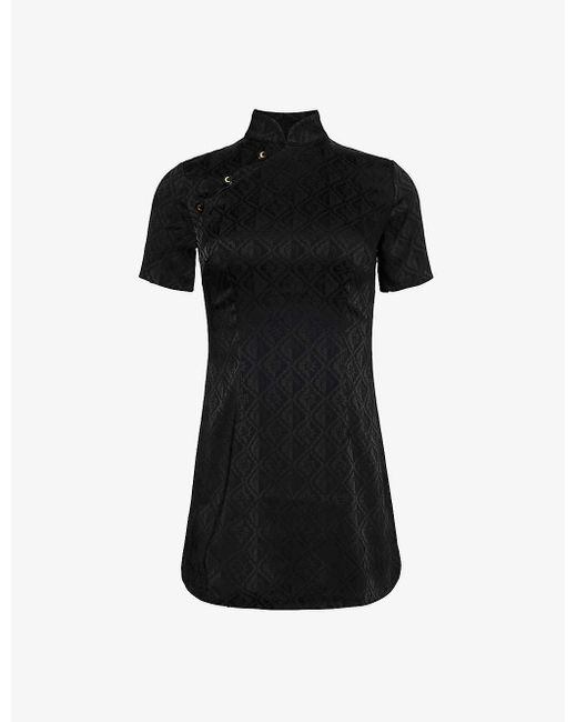 MARINE SERRE Black Logo-jacquard Slim-fit Stretch-satin Mini Dress