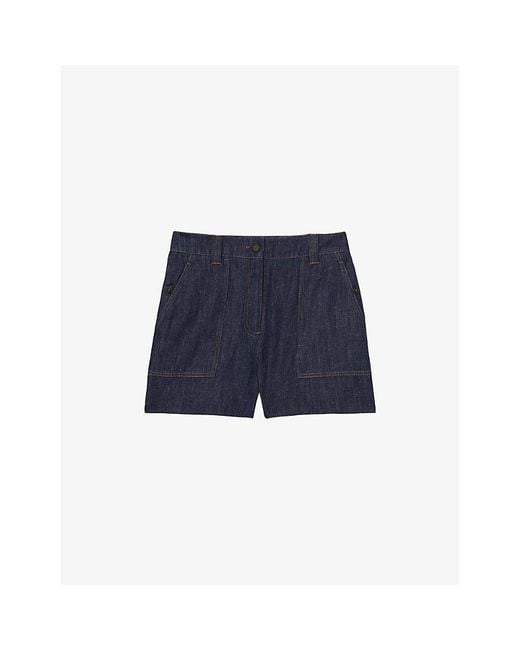 Reiss Blue Ashby Contrast-Stitch Mid-Rise Linen Shorts
