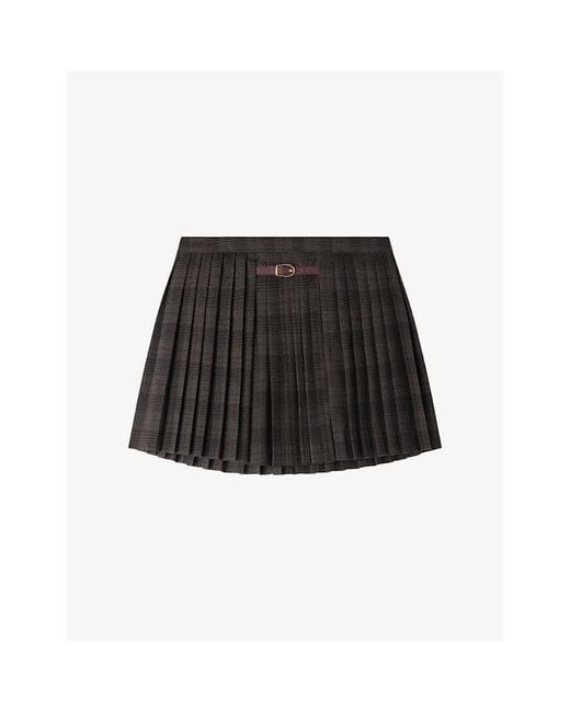Sandro Black Checked Pleated Woven Mini Skirt