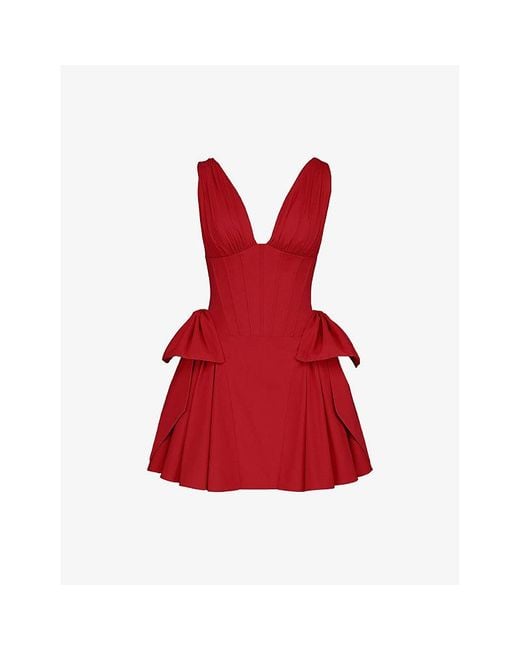 House Of Cb Red Amalia Corset-Bodice Stretch-Cotton Mini Dress