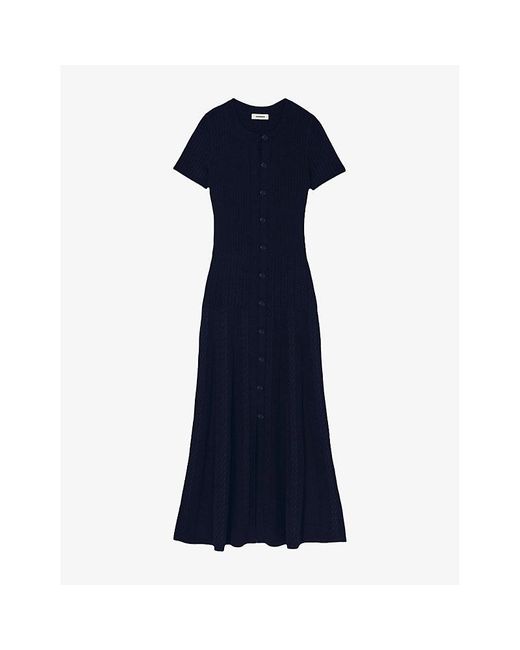 Sandro Blue Round-Neck Button-Down Stretch-Knit Maxi Dress