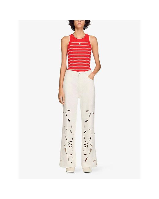 Sandro White Flower-Embroidered Wide-Leg Denim Jeans