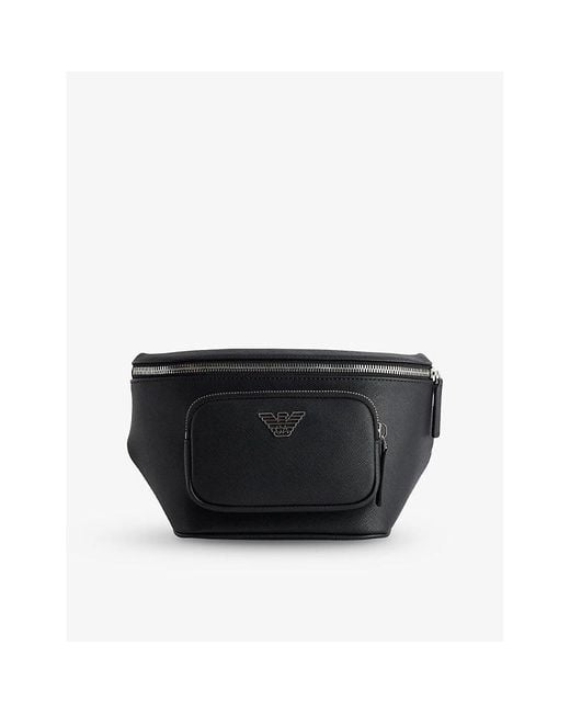 Emporio Armani Black Log-Embellished Saffiano-Leather Belt Bag for men