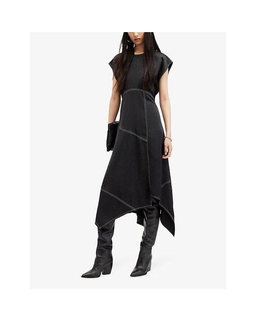 AllSaints Black Agnes Panelled Asymmetric-hem Stretch-woven Maxi Dress