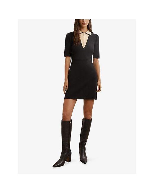Reiss Black Sophie Contrast-Collar Stretch-Knit Mini Dress