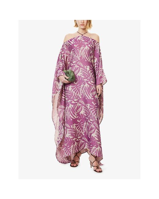 ‎Taller Marmo Purple Tropical Woven Kaftan Dress