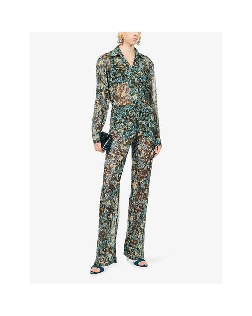 Dries Van Noten Green Pachas Floral-Print Pleated Woven Trousers
