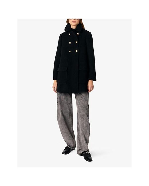 Maje Black High-Collar Double-Breasted Wool-Blend Coat
