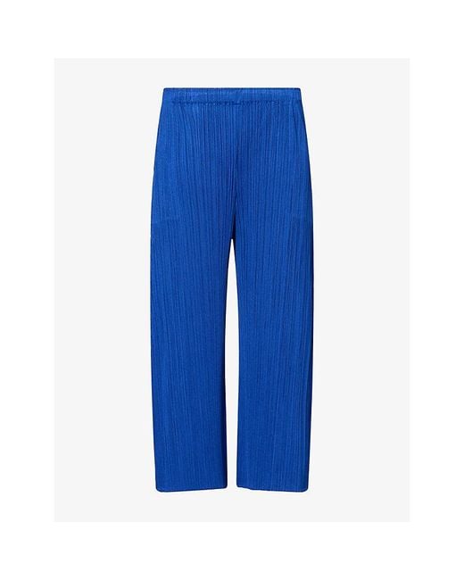 Pleats Please Issey Miyake Blue Pleated Ankle-Crop Knitted Trousers