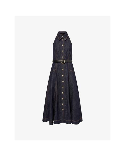 Self-Portrait Blue Halter-Neck Belted Denim Midi Dress