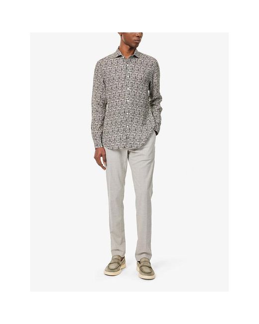 Corneliani Gray Graphic-print Long-sleeved Regular-fit Linen Shirt for men