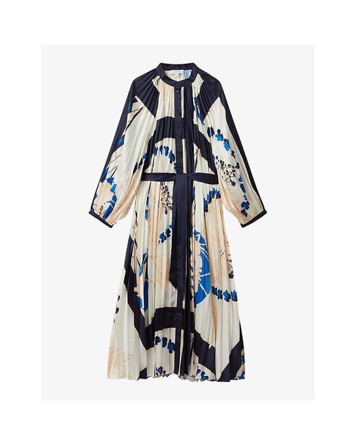 Reiss Blue Daiya Graphic-print Pleated Woven Maxi Dress