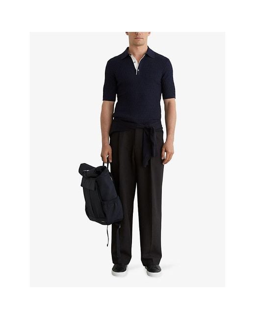 Reiss Blue Era Short-Sleeve Textured-Knit Polo for men