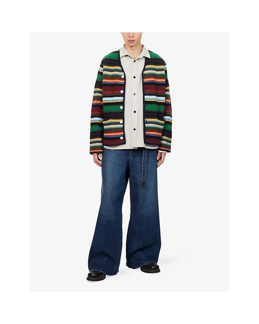 Sacai Green V-Neck Striped Wool-Blend Cardigan for men