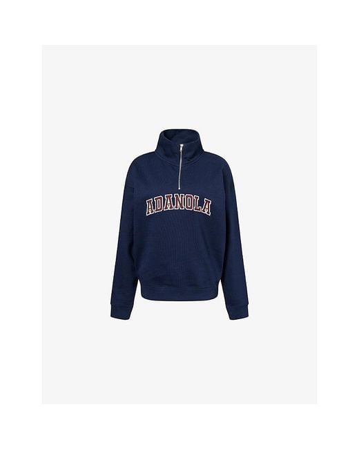 ADANOLA Blue Varsity Funnel-Neck Zip Sweatshirt