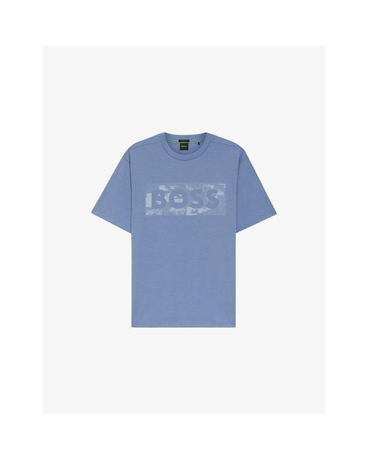 Boss Blue Brand-Print Regular-Fit Stretch-Cotton T-Shirt for men