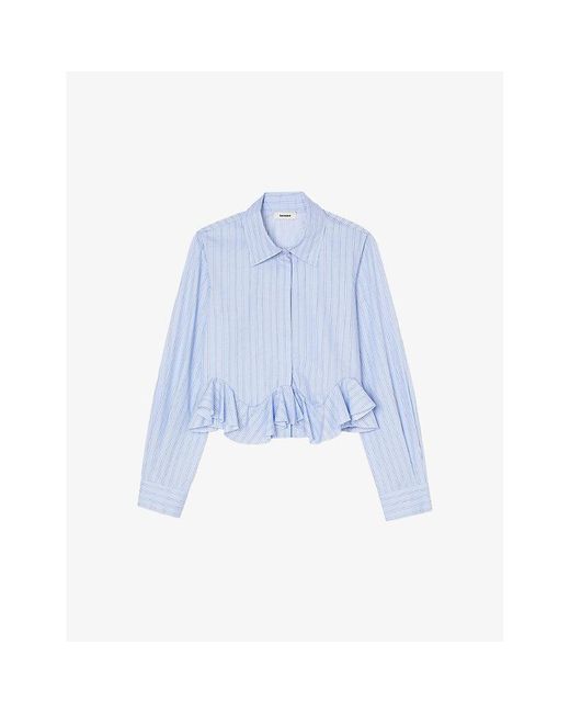 Sandro Blue Striped Ruffled-hem Cotton Shirt