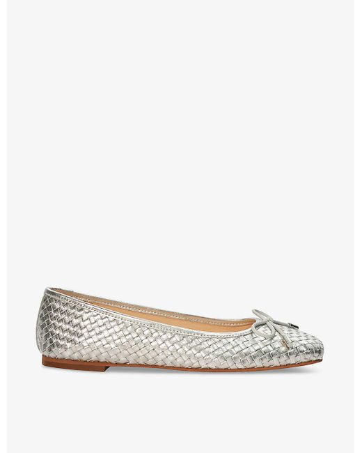 Dune White Heights Bow-embellished Woven-texture Leather Flats