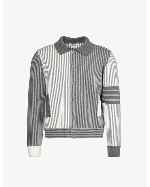Thom Browne Gray Welt-pocket Stripe-pattern Cotton-blend Polo Shirt for men